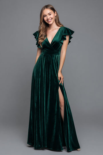 Robe formelle en velours à col en V vert foncé à manches à volants